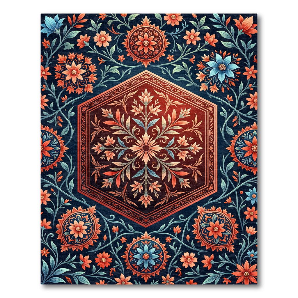 Hexagonal Crimson Floral Medallion Rug