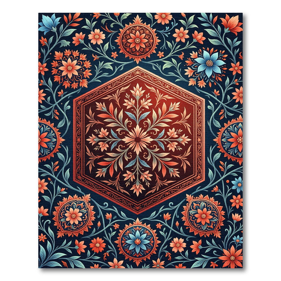 Hexagonal Crimson Floral Medallion Rug