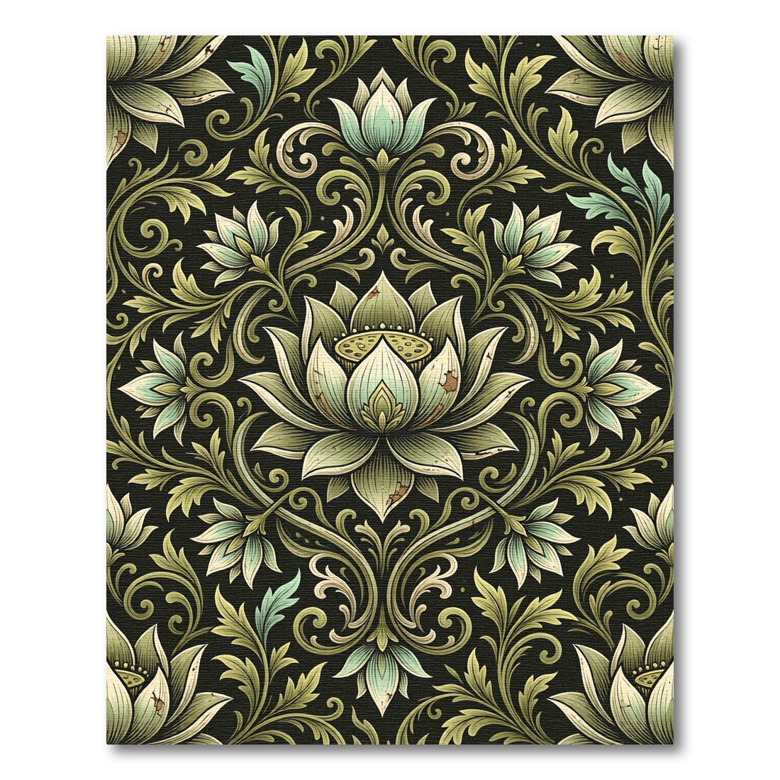 Rich Black Lotus Floral Damask Rug