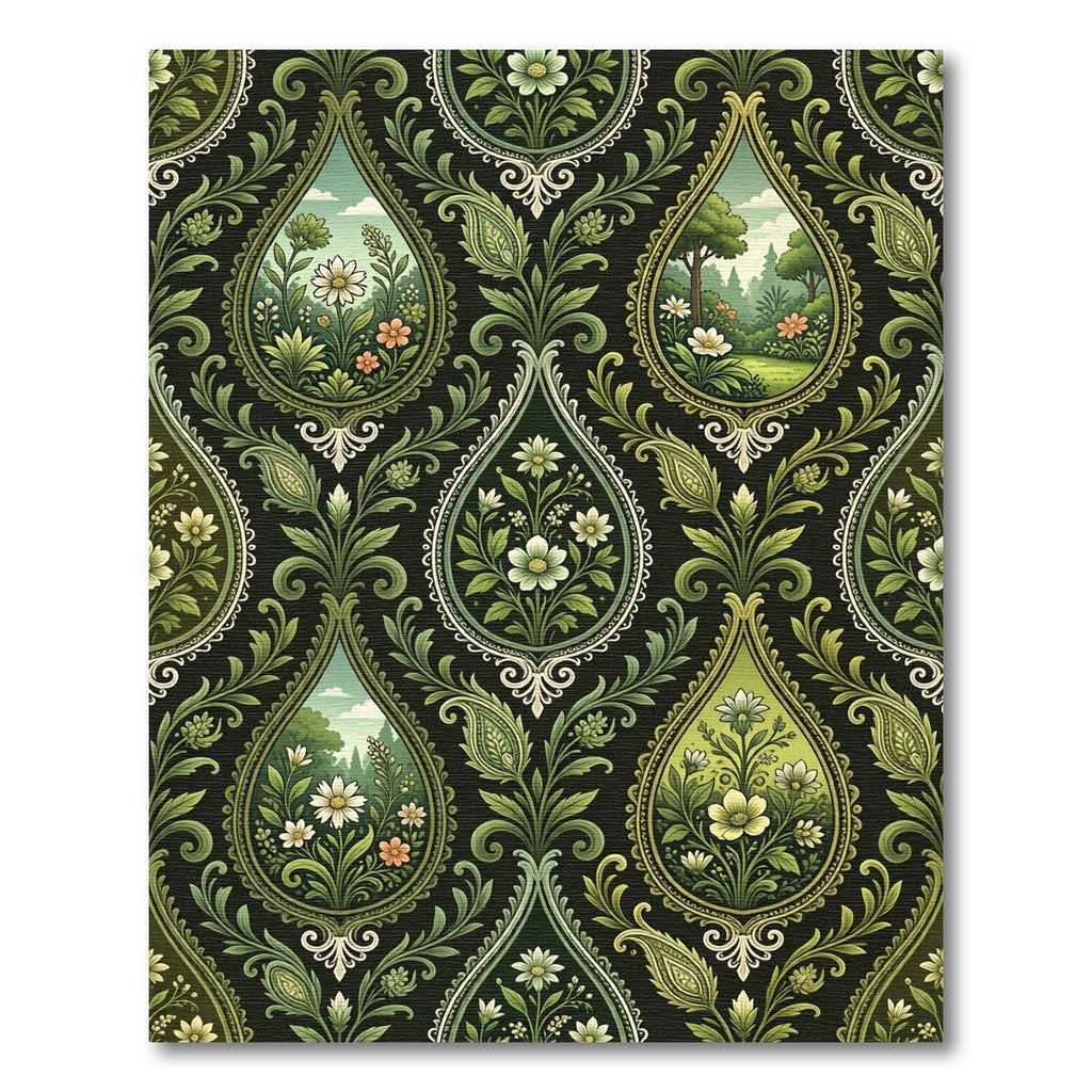 Emerald Green Floral Landscape Medallions Rug