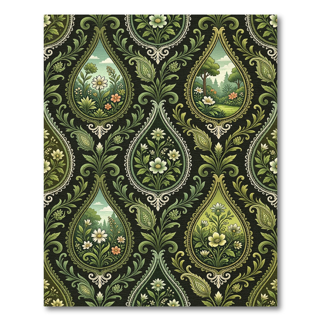 Emerald Green Floral Landscape Medallions Rug
