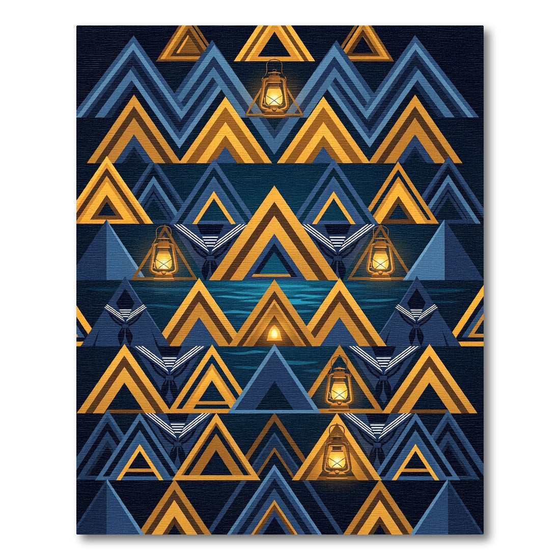 Geometric Golden Lantern Navy Mountain Rug