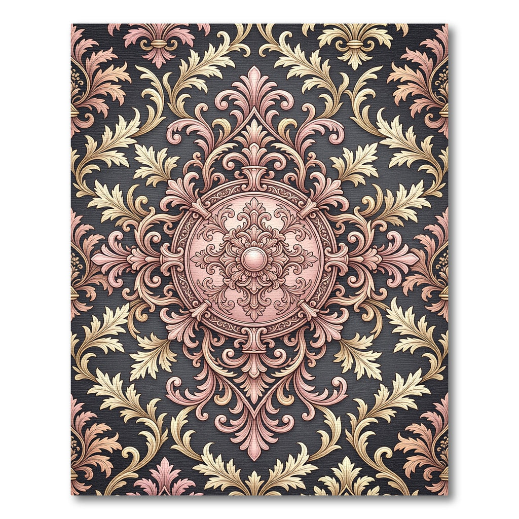 Ornate Rose Gold Scrollwork Damask Rug