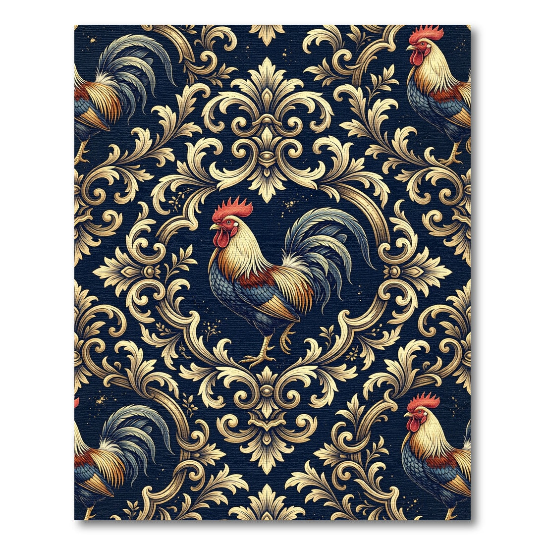 Ornate Golden Rooster Baroque Scroll Rug