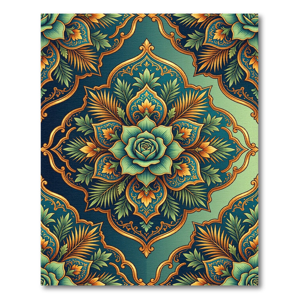 Teal Azure Floral Golden Medallion Rug