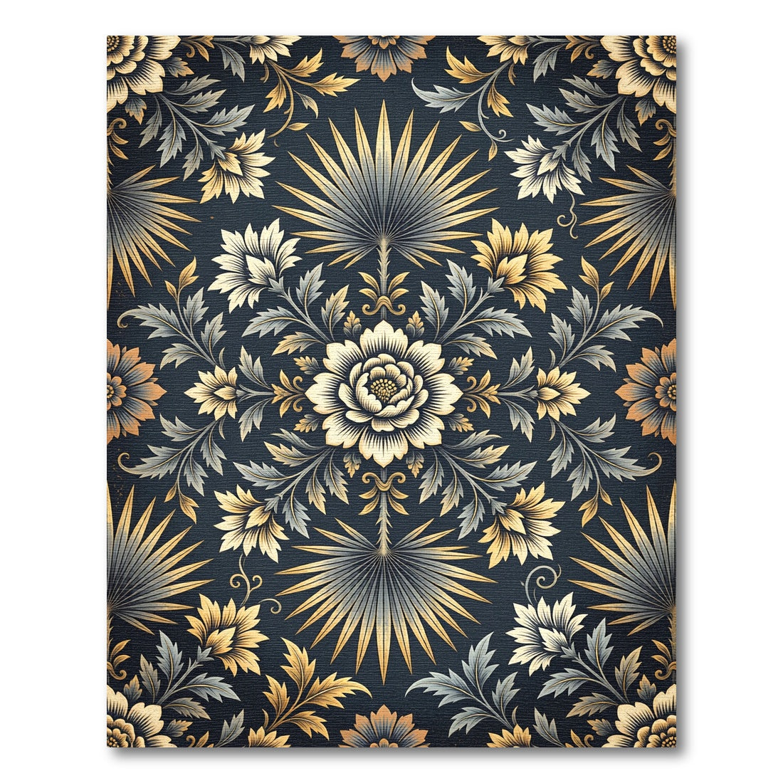 Elegant Gold and Charcoal Botanical Medallion Rug