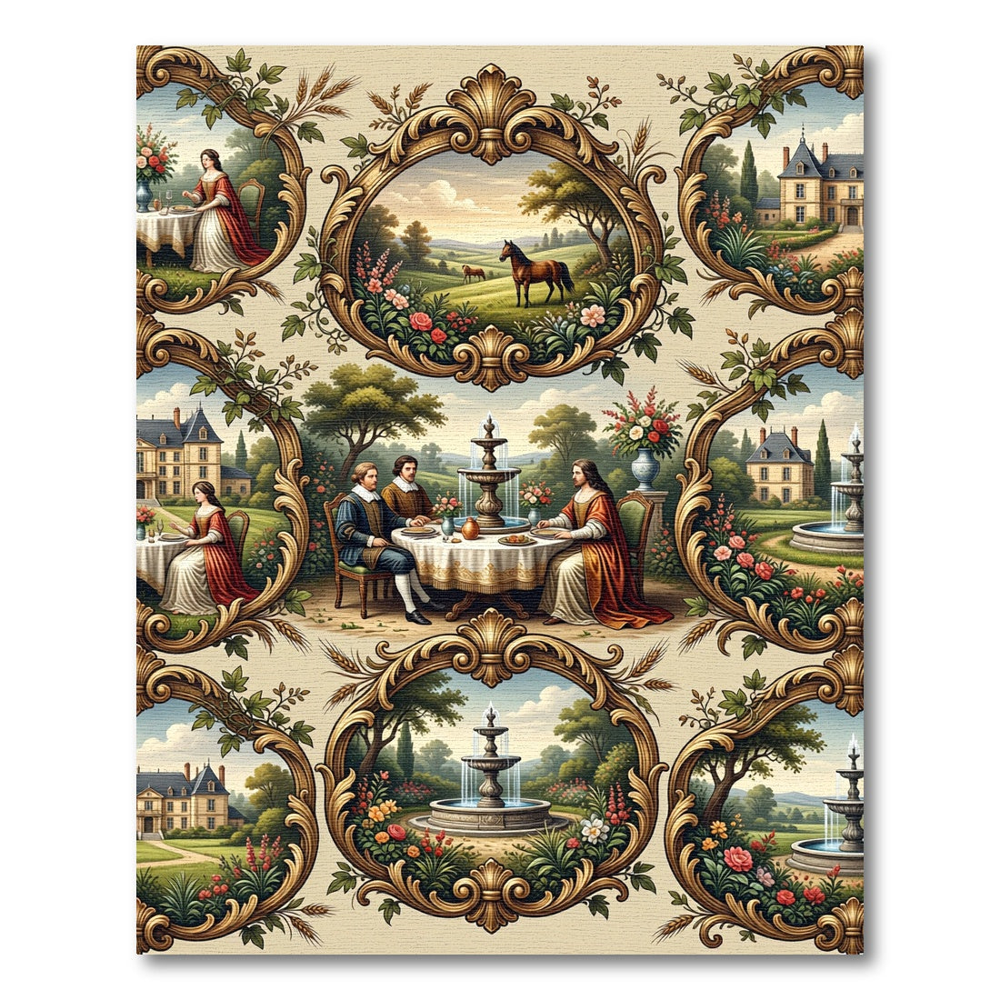 Gilded Rococo Landscape Courtiers Garden Rug