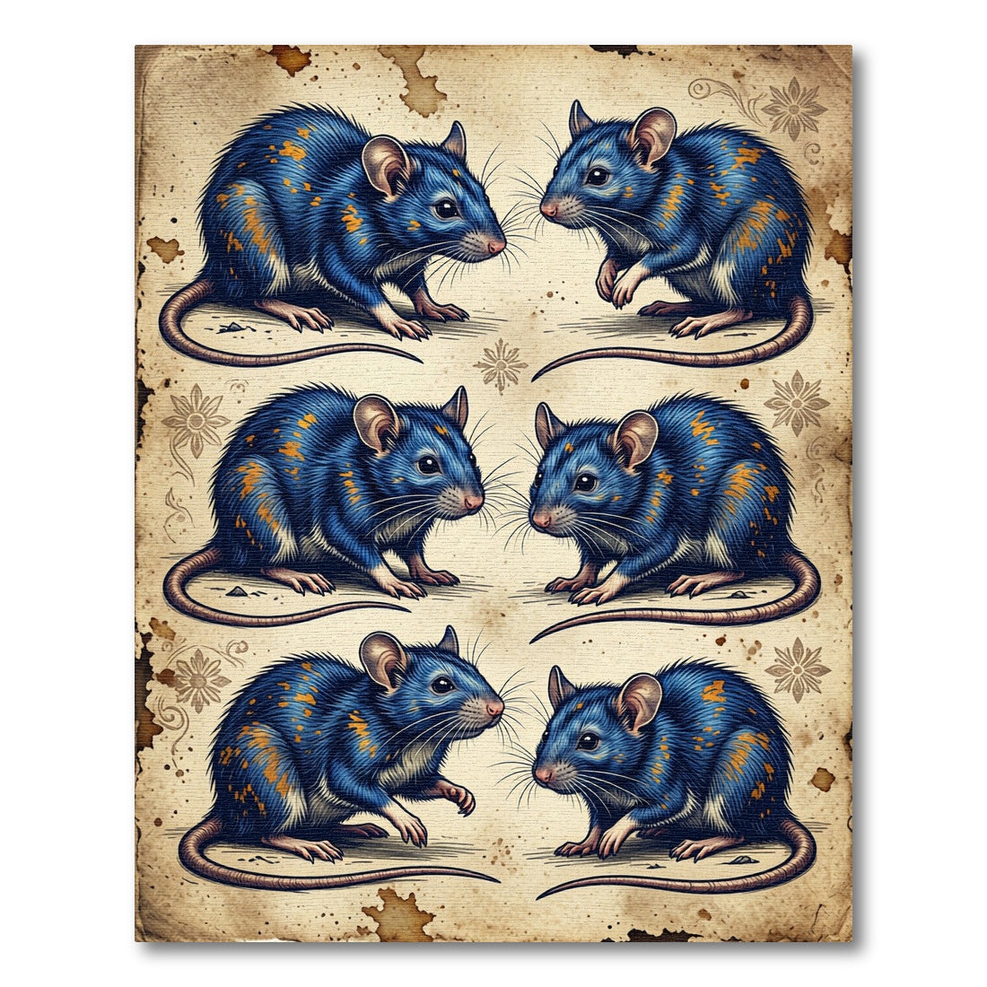 Vintage Botanical Blue Rat Illustration Rug