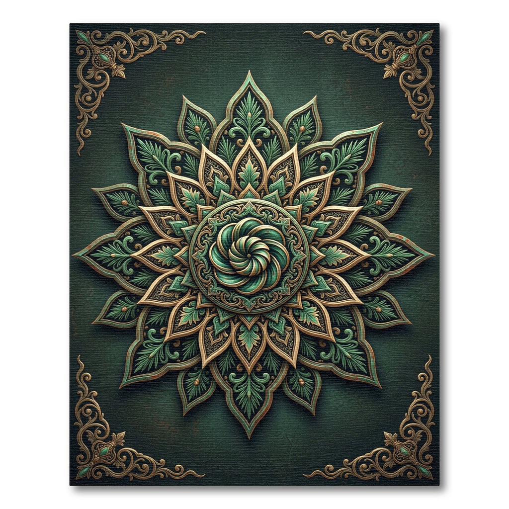 Ornate Emerald Gold Sculpted Lotus Medallion Rug
