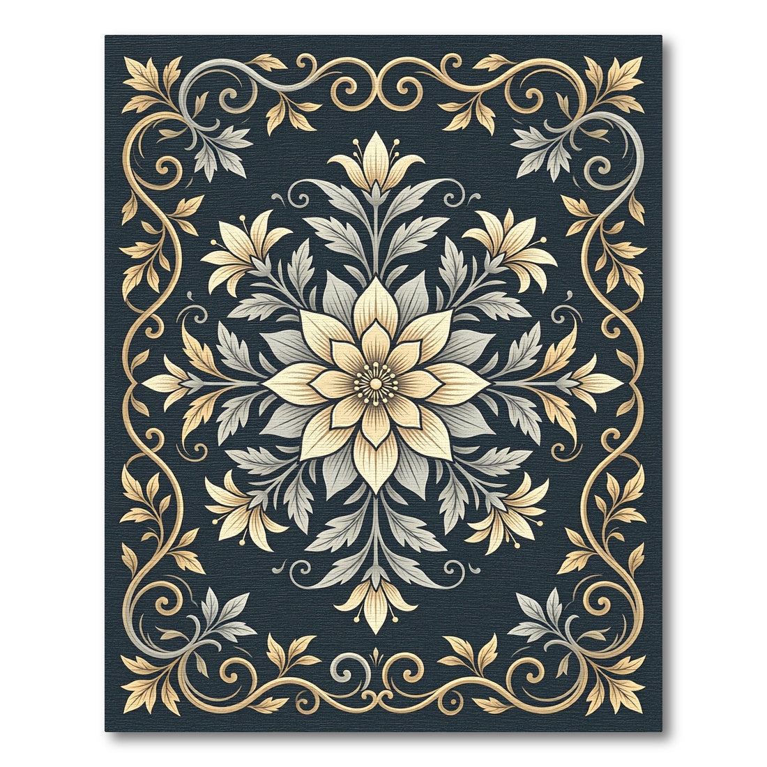 Elegant Golden Floral Scrollwork Rug