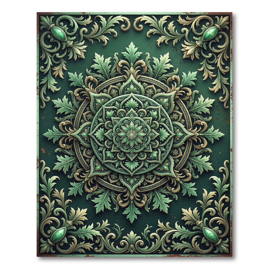 Ornate Emerald Leaf Scrollwork Rug