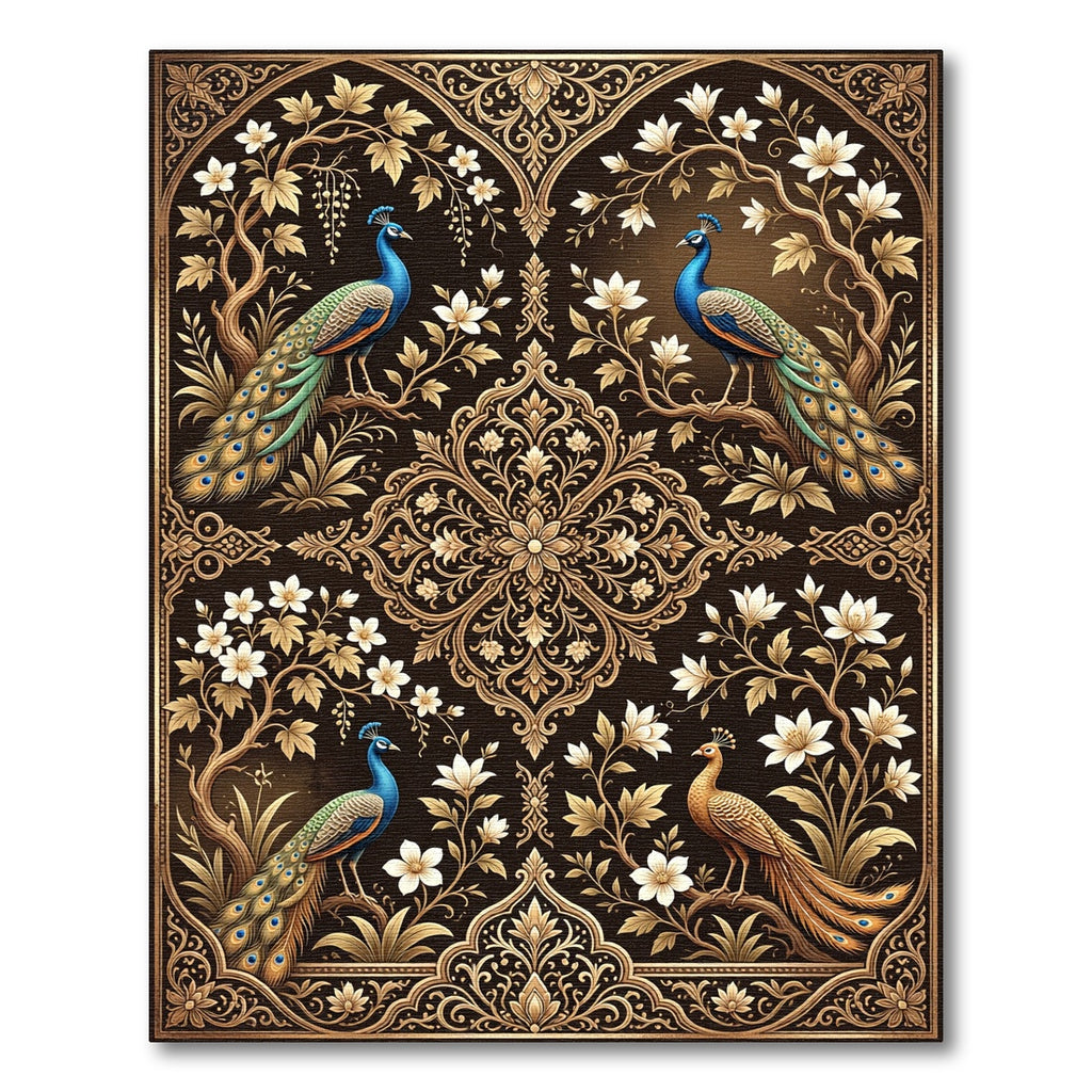 Golden Peacock Floral Regal Composition Rug
