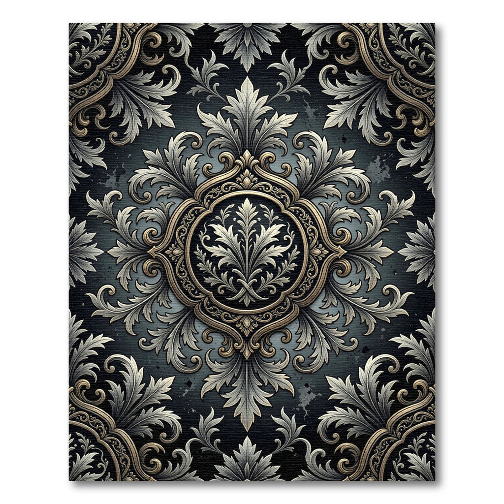 Elegant Charcoal Silver Damask Scroll Medallion Rug