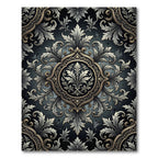Elegant Charcoal Silver Damask Scroll Medallion Rug