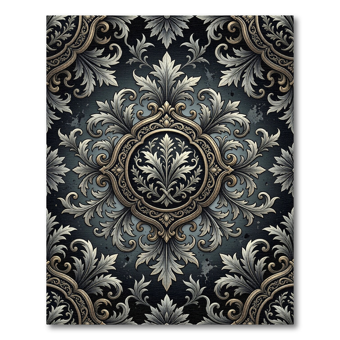 Elegant Charcoal Silver Damask Scroll Medallion Rug