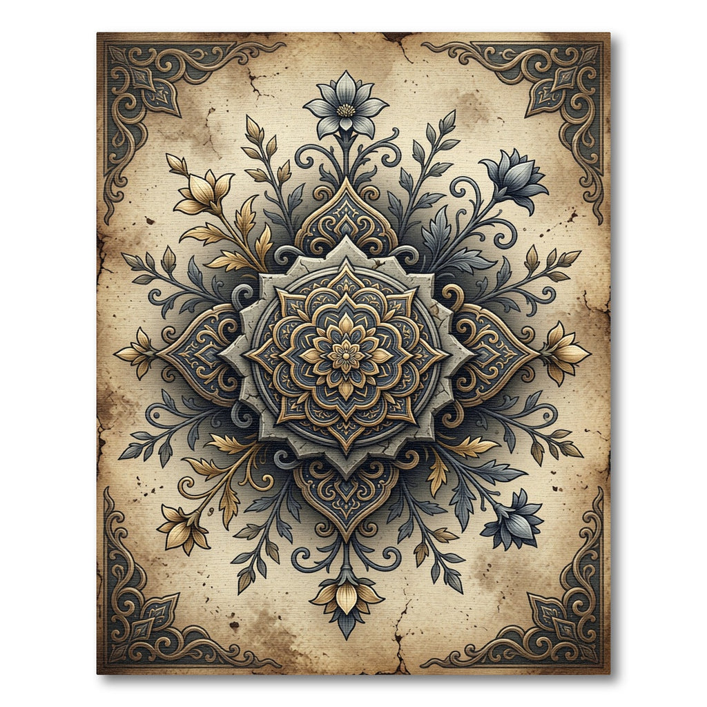 Antique Gold Navy Floral Medallion Rug