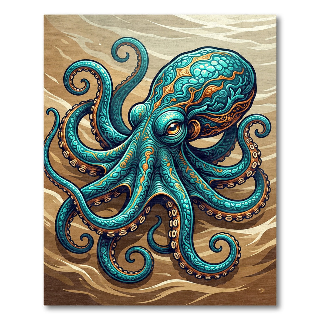 Intricate Teal and Gold Octopus Rug