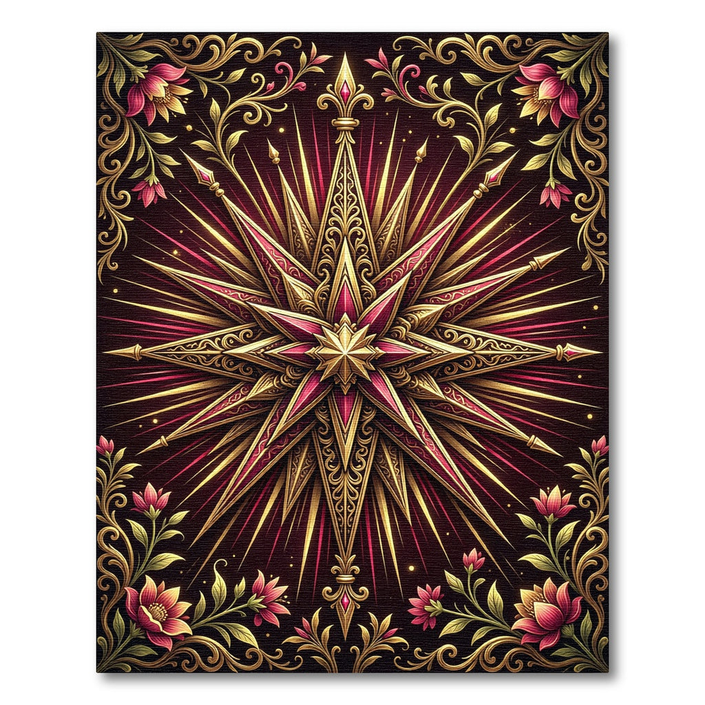 Gilded Crimson Filigree Star Floral Rug