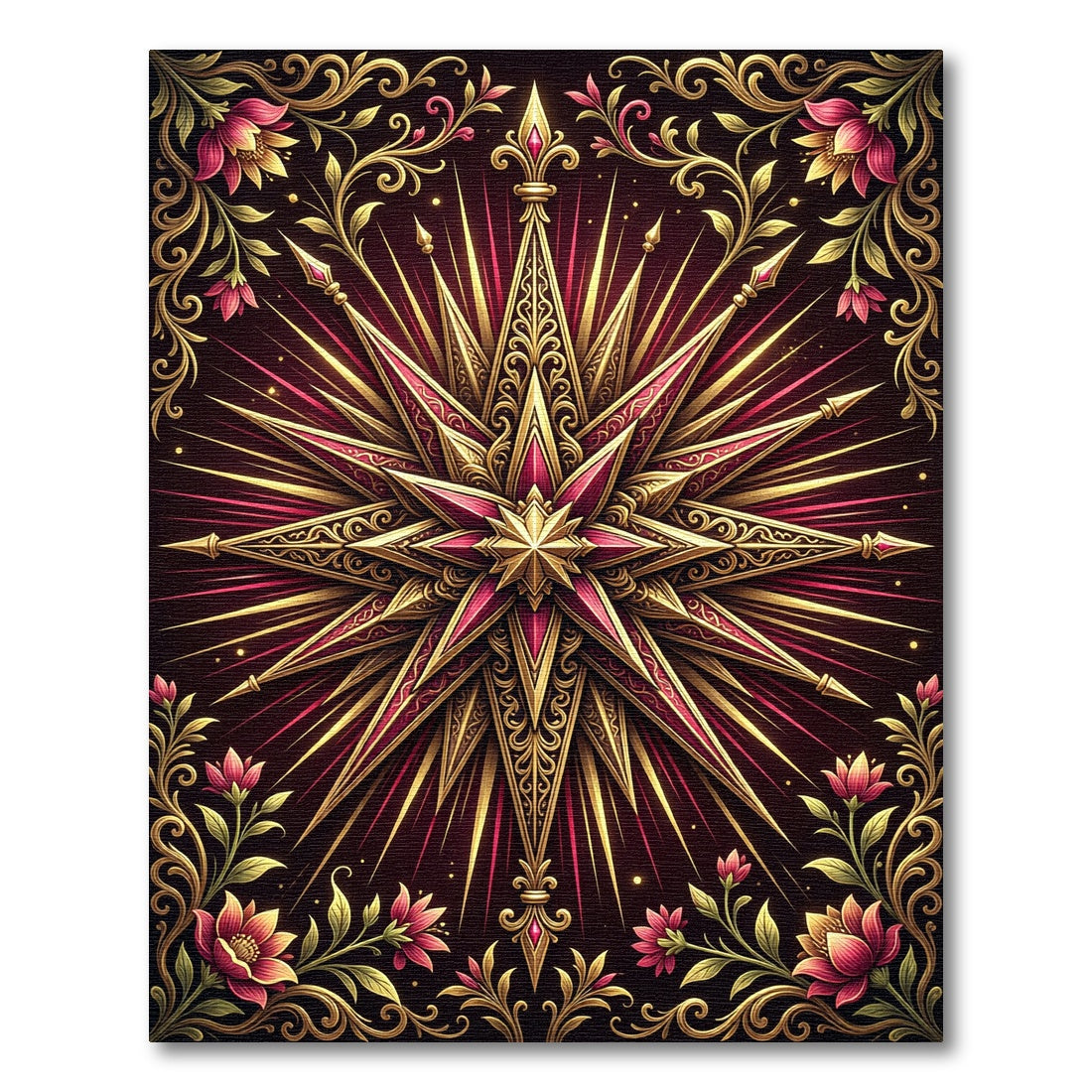 Gilded Crimson Filigree Star Floral Rug