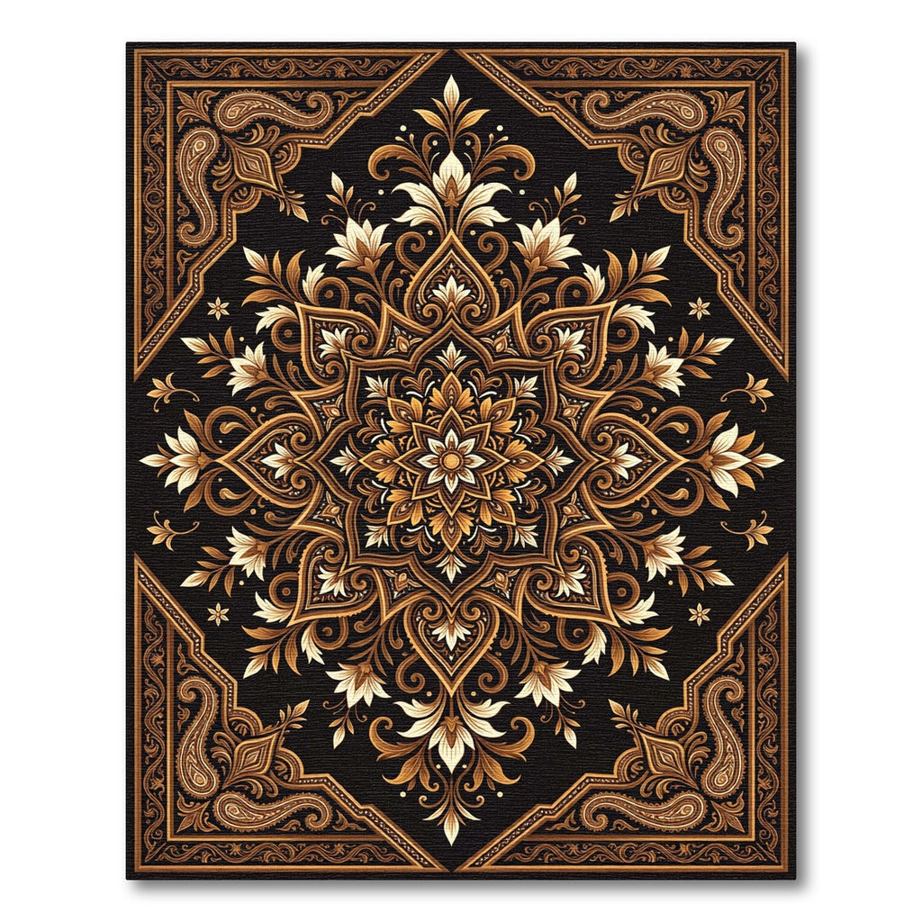 Ornate Golden Floral Black Damask Rug