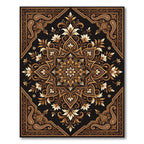 Ornate Golden Floral Black Damask Rug
