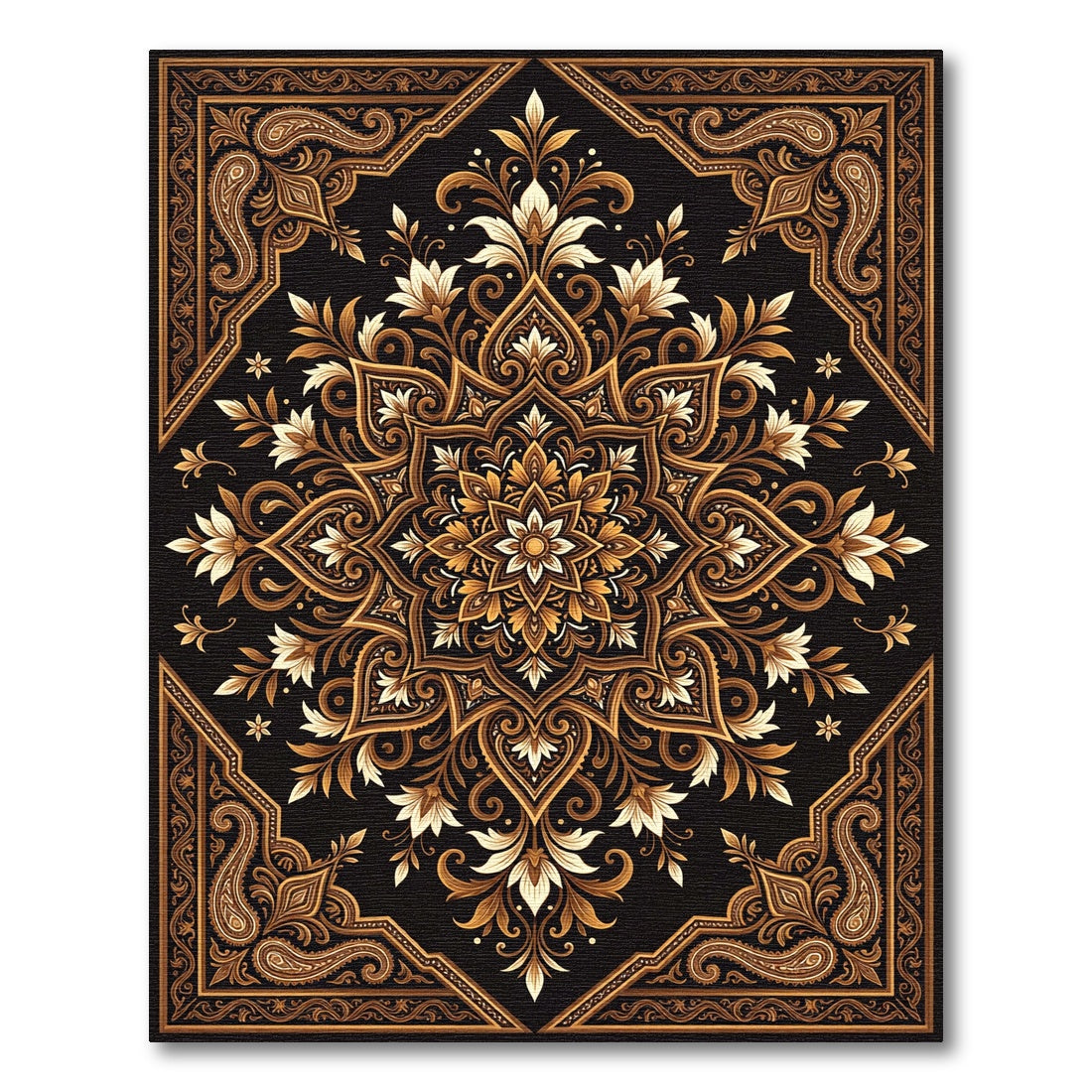 Ornate Golden Floral Black Damask Rug