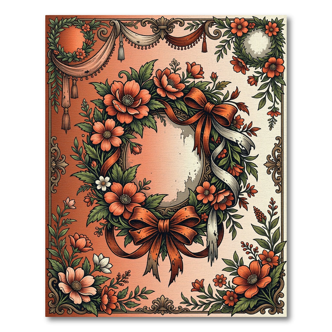 Vintage Terracotta Floral Wreath Frame Rug
