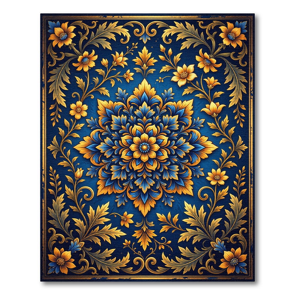 Ornate Golden Blue Floral Medallion Rug