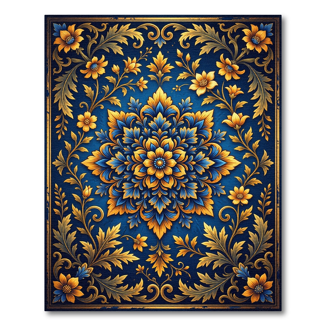 Ornate Golden Blue Floral Medallion Rug