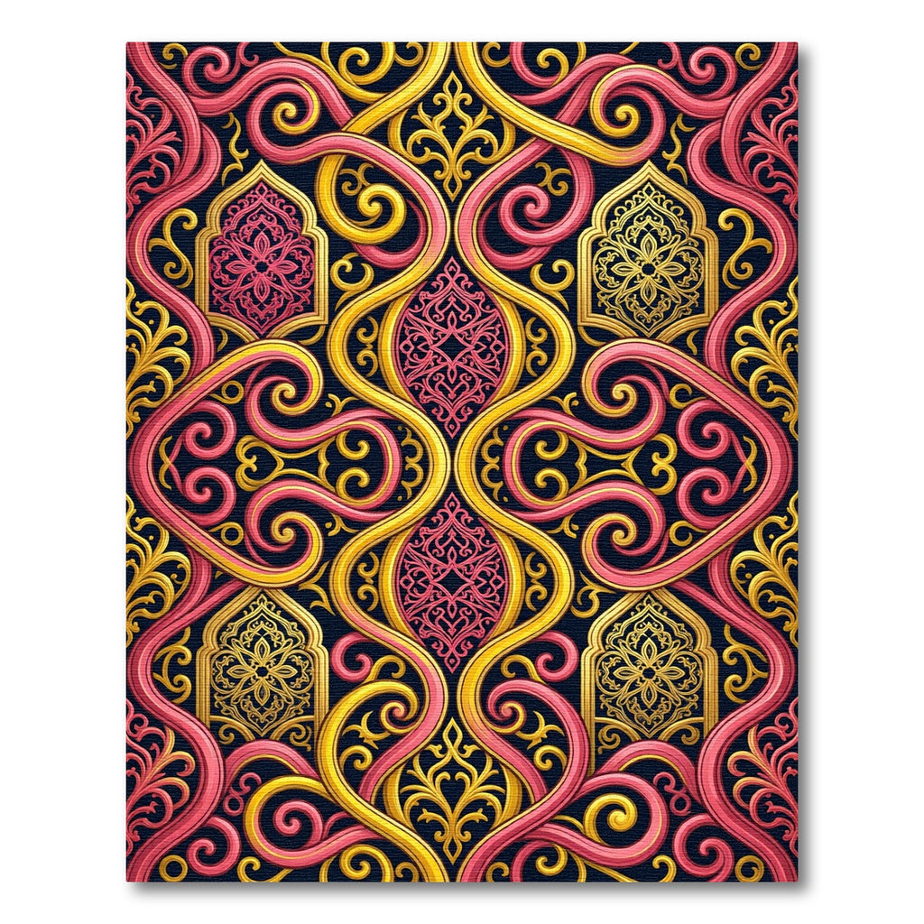 Ornate Pink and Gold Swirl Scroll Rug