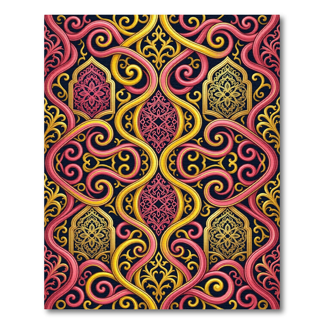 Ornate Pink and Gold Swirl Scroll Rug