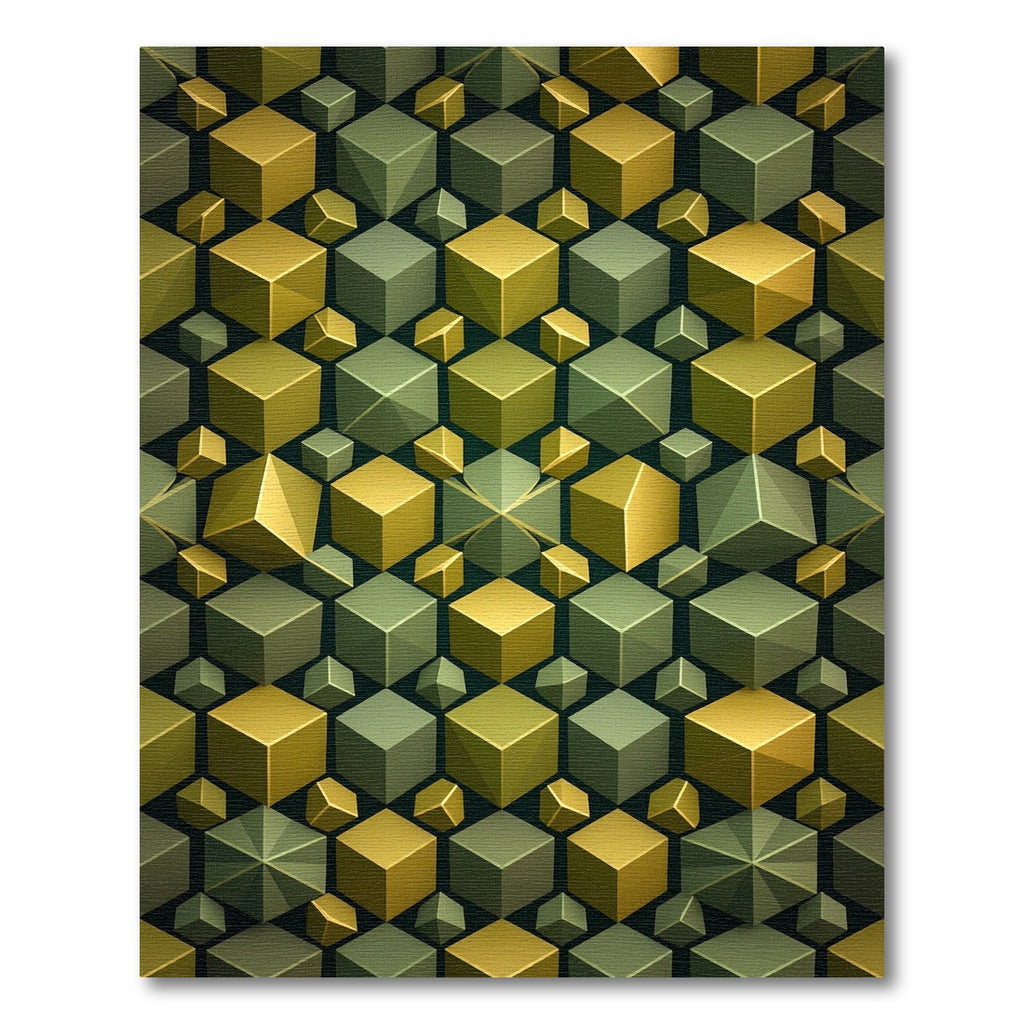 Golden Olive Cubes Geometric Illusion Rug