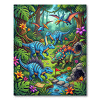 Vibrant Tropical Dinosaur Jungle Scene Rug