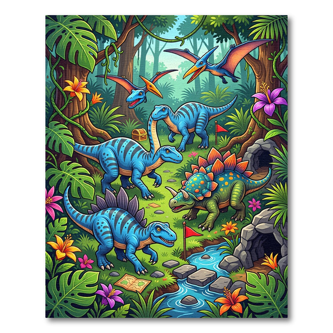 Vibrant Tropical Dinosaur Jungle Scene Rug