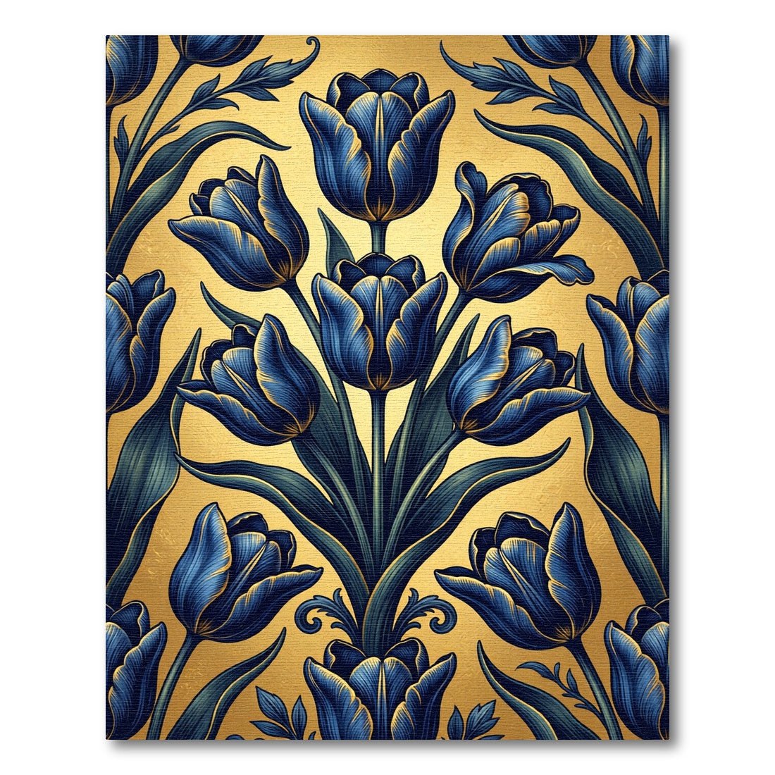Elegant Blue Tulip Golden Botanical Arrangement Rug