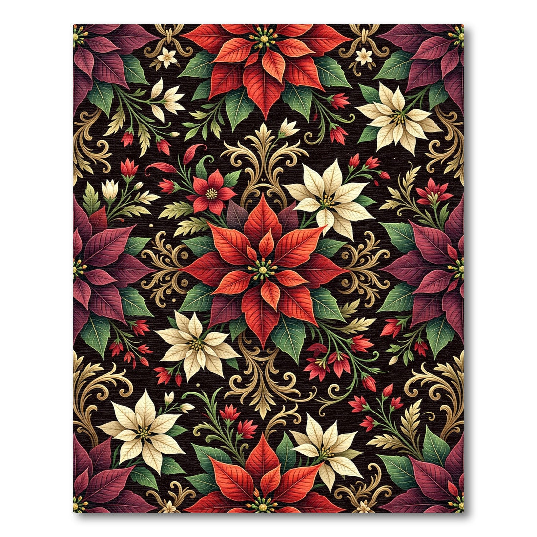 Rich Red Cream Poinsettia Scrolls Rug