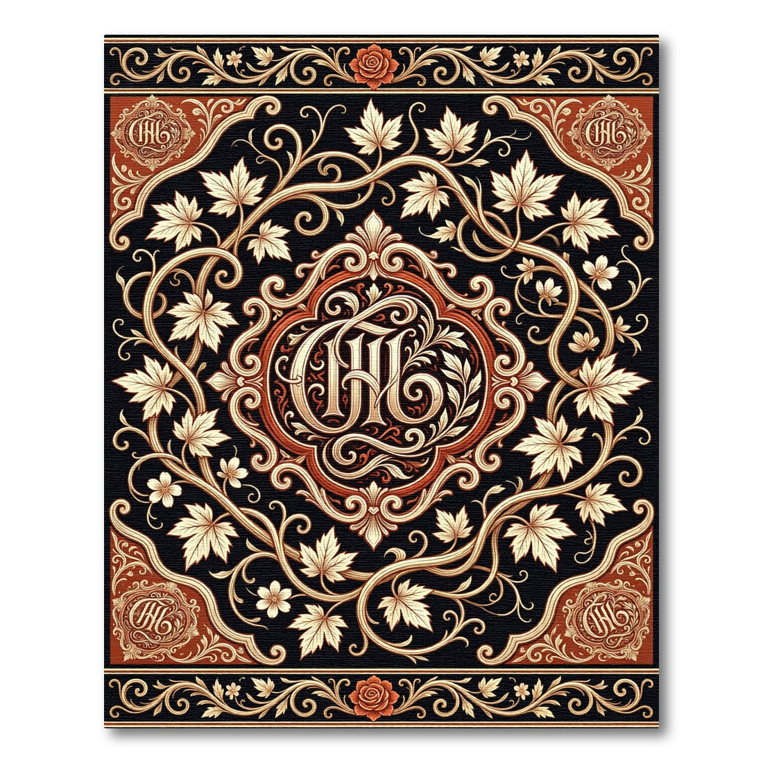 Vintage Black Gold Floral Monogram Rug