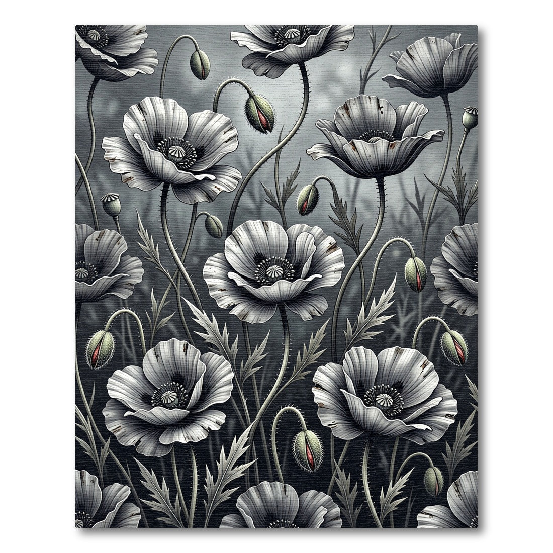 Monochromatic Floral Poppy Botanical Art Rug