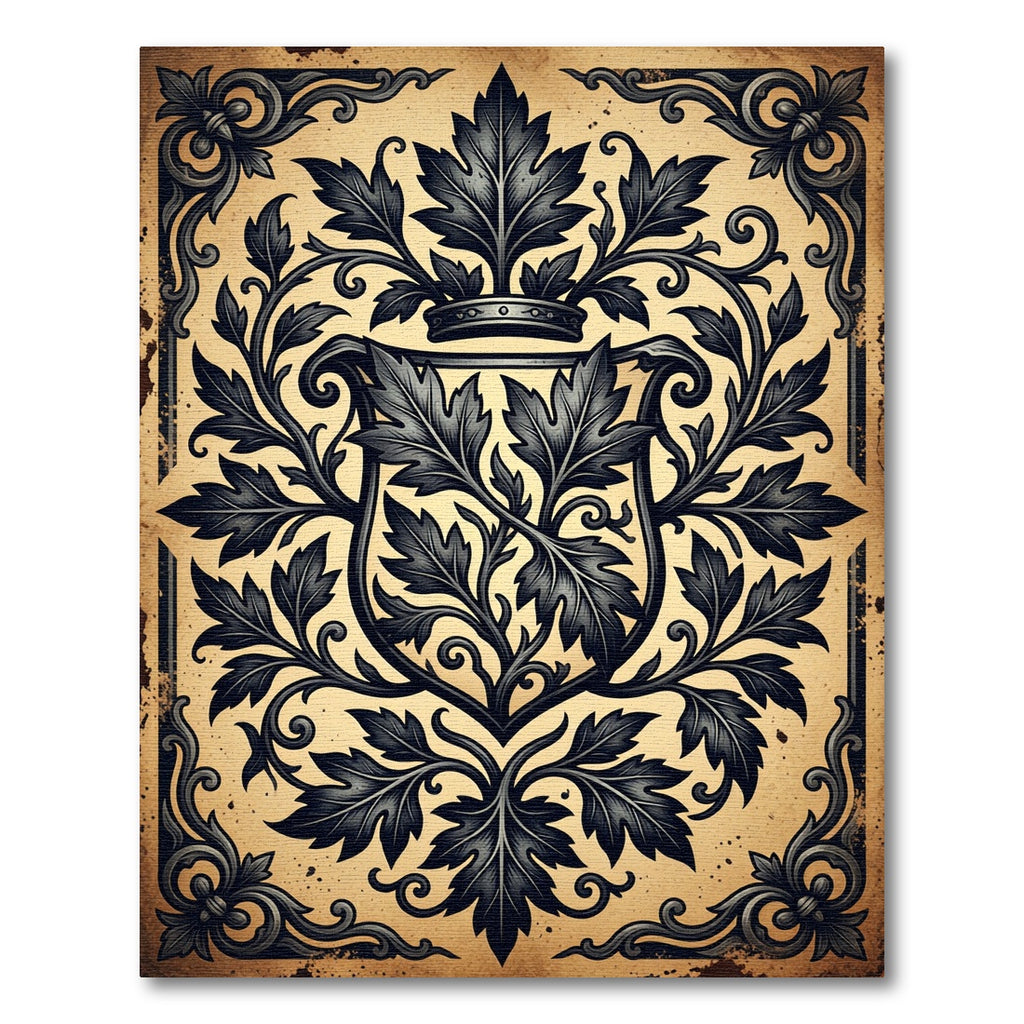 Ornate Charcoal Leaf Crest Archival Rug