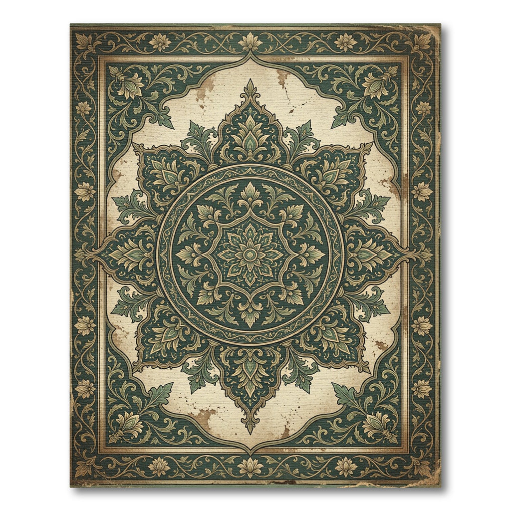 Vintage Forest Green Ornate Damask Medallion Rug