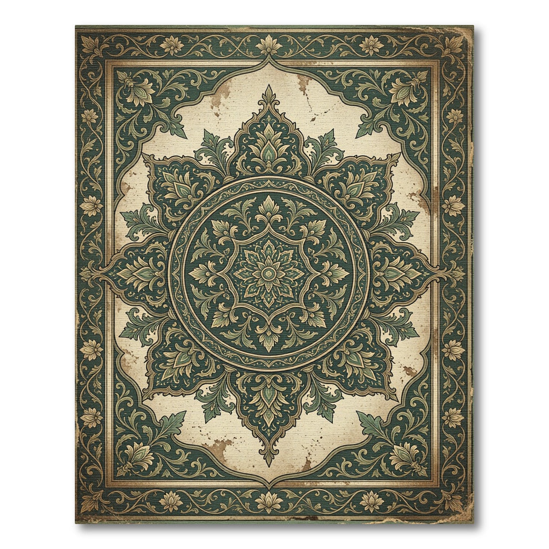 Vintage Forest Green Ornate Damask Medallion Rug