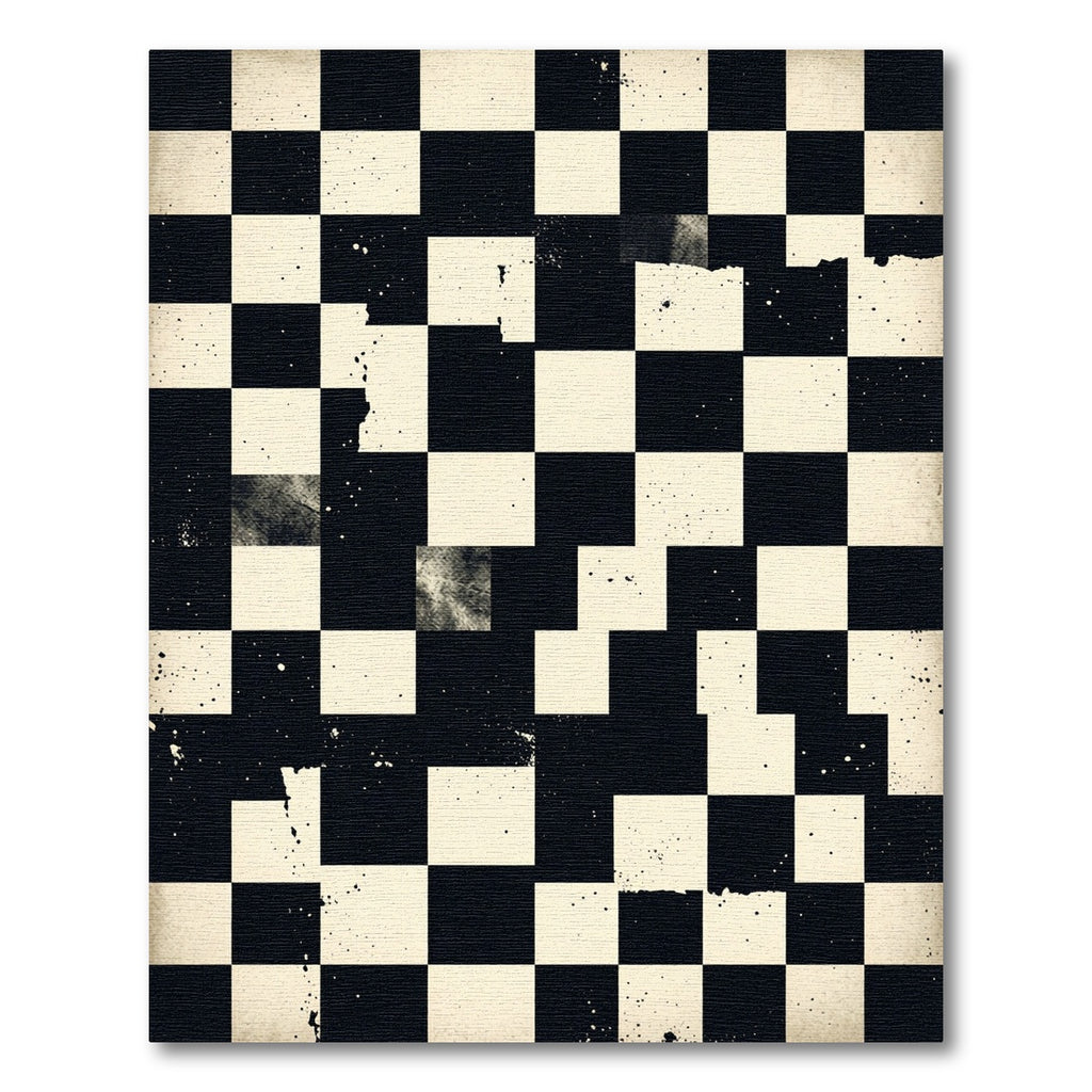 Distressed Monochrome Checkered Grid Rug