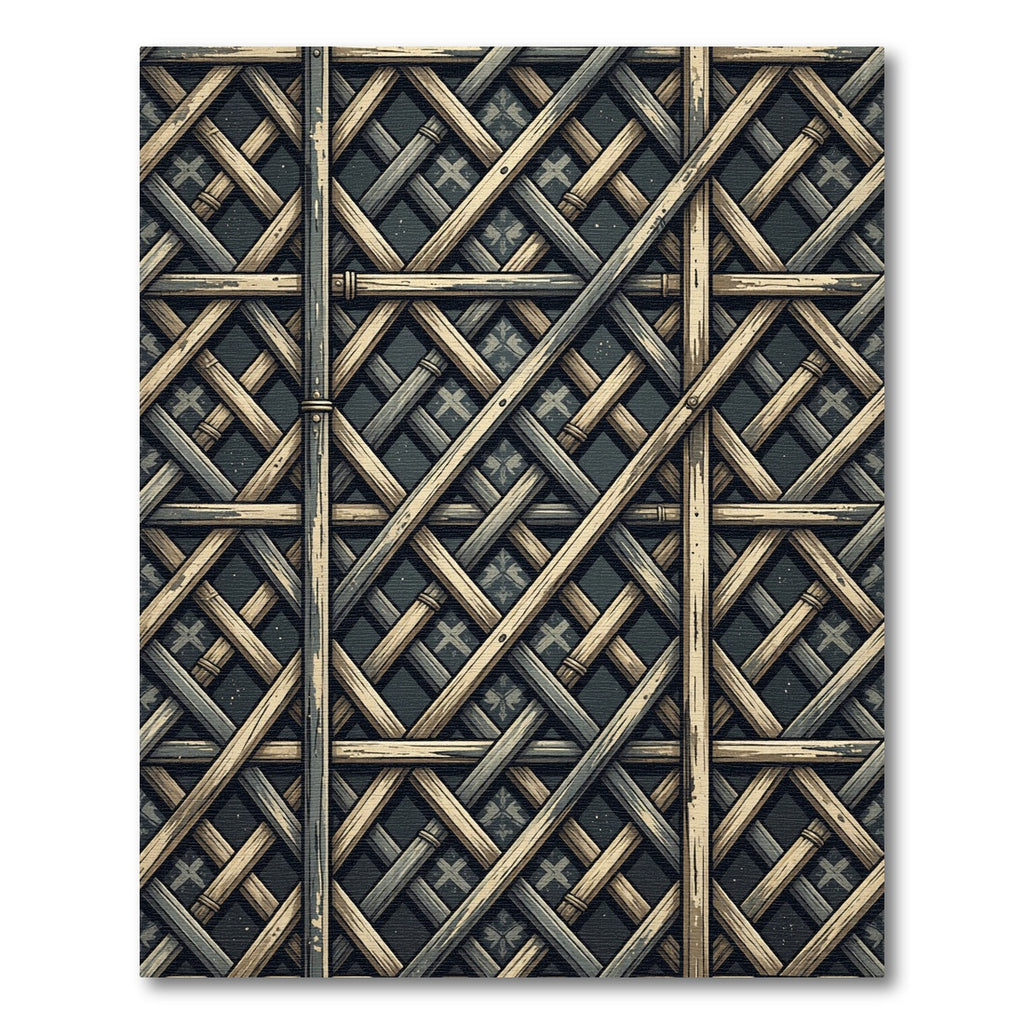 Woven Wood Lattice Over Dark Grid Rug