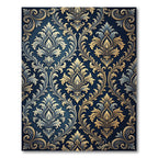 Ornate Navy Gold Damask Scroll Rug
