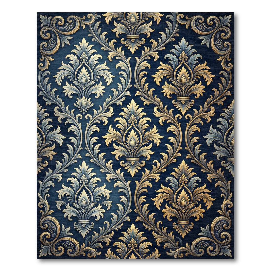 Ornate Navy Gold Damask Scroll Rug