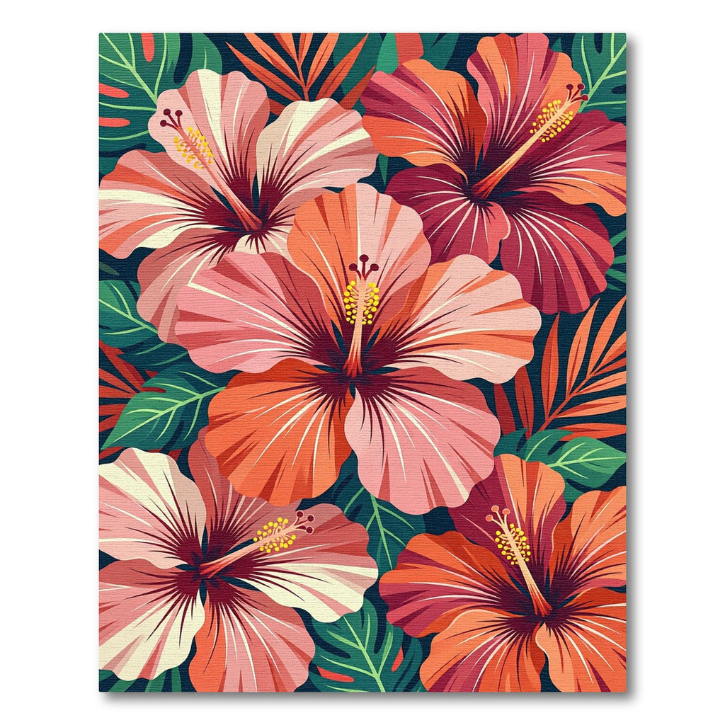 Vibrant Coral Hibiscus Tropical Foliage Rug