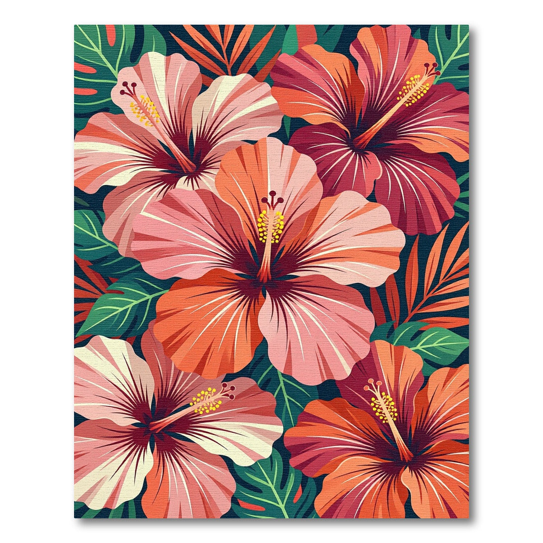 Vibrant Coral Hibiscus Tropical Foliage Rug