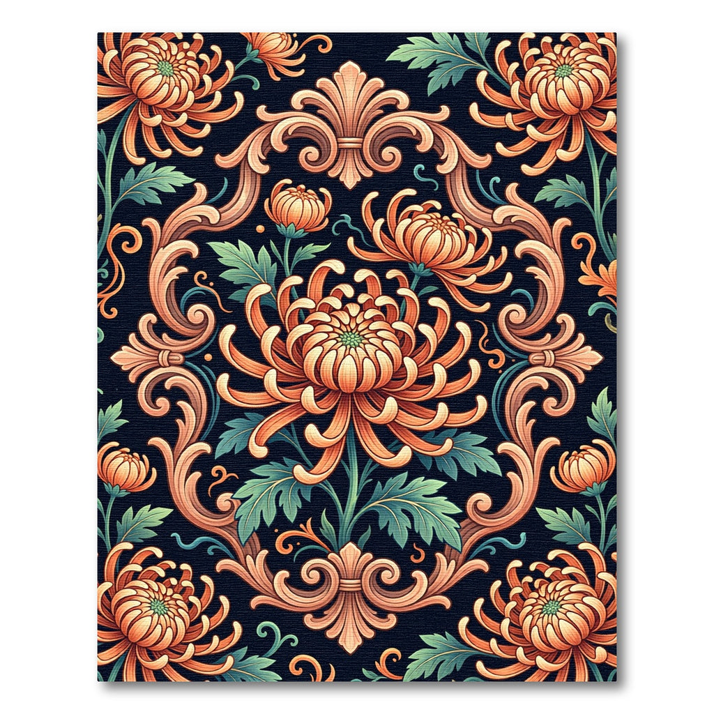 Elegant Peach Chrysanthemum Baroque Scroll Rug