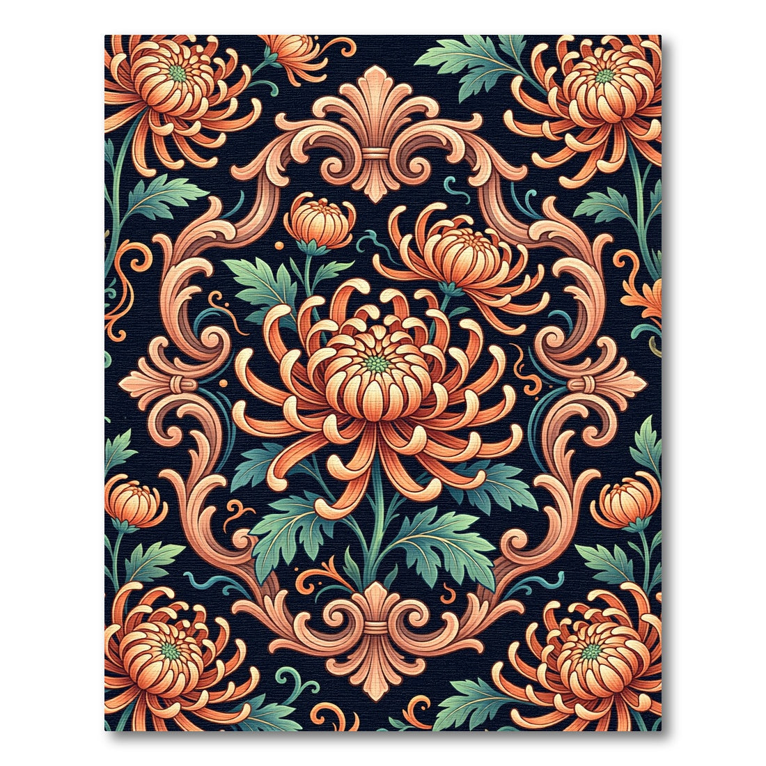 Elegant Peach Chrysanthemum Baroque Scroll Rug