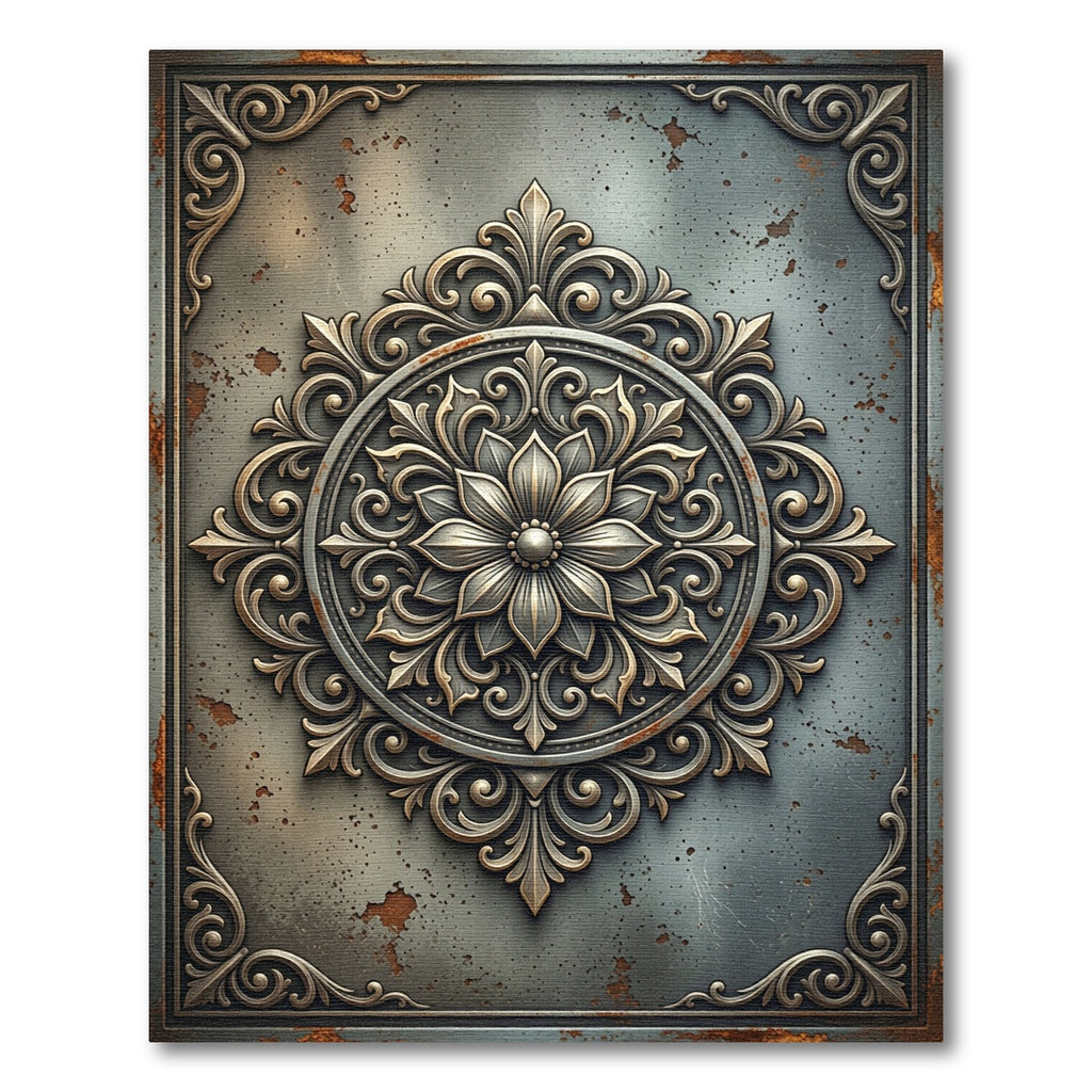 Antique Bronze Metallic Ornate Floral Medallion Rug